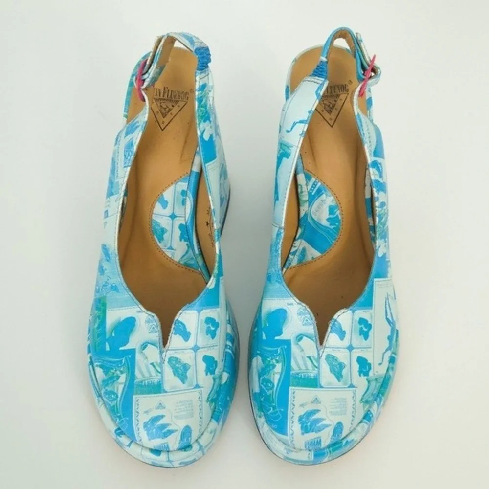 John Fluevog Blue Newsprint Lasting Impressions Tenura Chunky Platform‎ Heels- 8